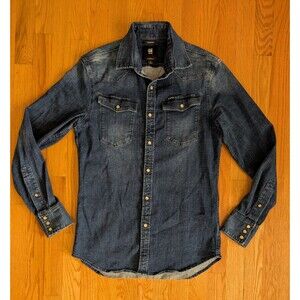 G-Star RAW Indigo Slim Denim Shirt Men Small Dark Wash Workwear Pearl Snap
